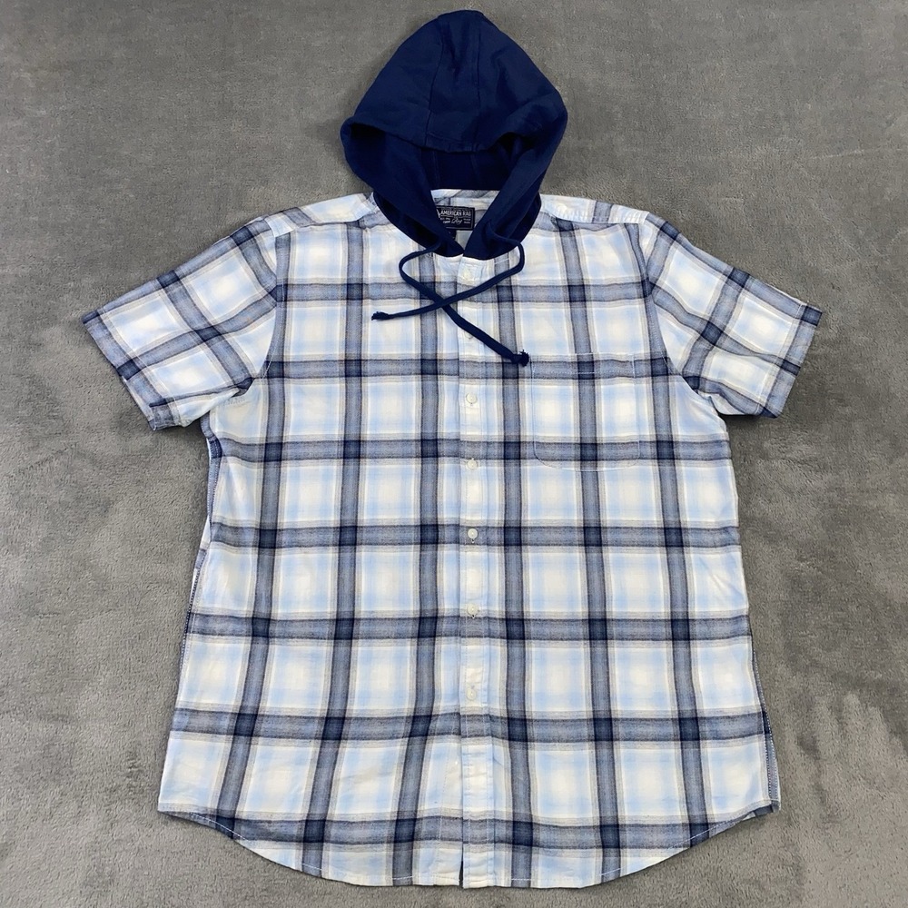 American Rag Hooded Shirt Men XL Blue Ian Plaid Button Down Pocket Casual Street